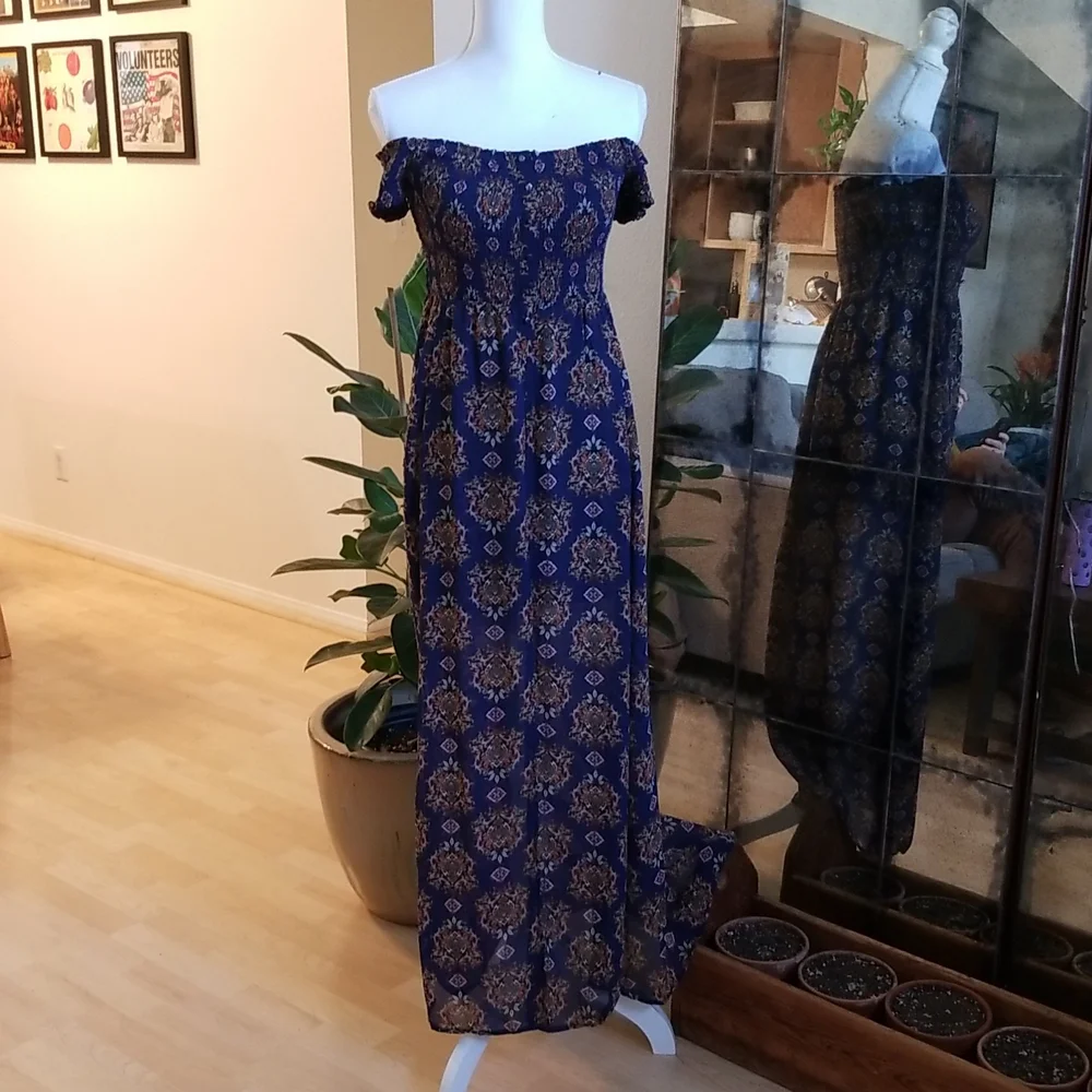 Xhilaration Blue & Orange Romper W Train Off Shoulder - Picture 3 of 11